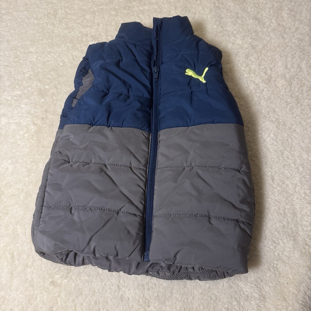 Puma Toddler Boys Puffer Vest Full Zip Navy Gray Neon Logo Size XXS 3T 4T